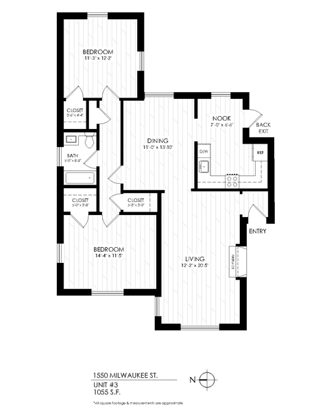 Floor plan for 2 beds, 1 bath, 1010 sqft